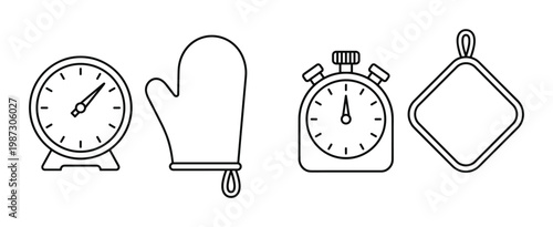 Modern minimalist vector set of essential kitchen tools. Includes cooking timer, oven mitt, stopwatch, pot holder. Perfect for UI/UX, recipes, blogs, or infographics.