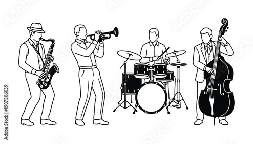 Vector illustration of a jazz band with saxophone, trumpet, drums, and double bass. Perfect for music events, retro themes, and entertainment graphics.