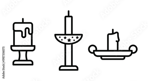 Vector illustration featuring three distinct outline candle and candlestick icons, perfect for web design, app interfaces, holiday themes, or elegant spiritual concepts.