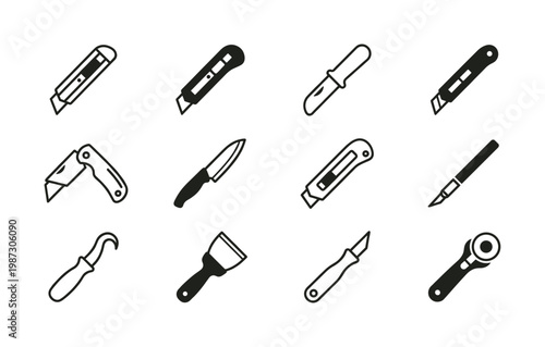 Clean vector icons of essential cutting tools including utility knives, box cutters, craft knives, and a rotary cutter. Perfect for web and app design projects.