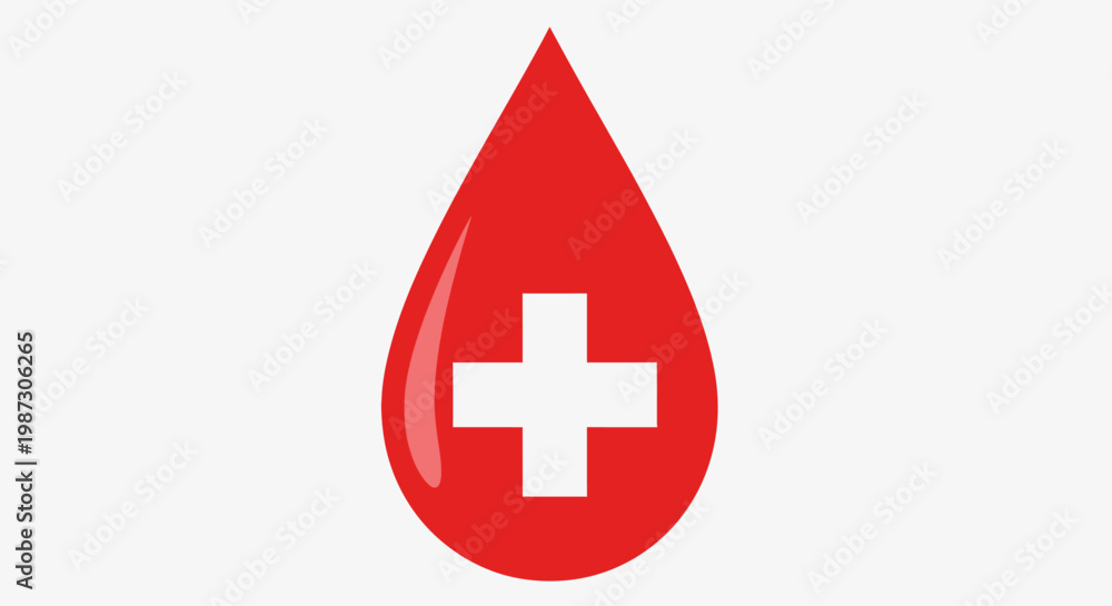 Fototapeta premium Red blood drop icon with white medical cross symbol representing donation and health awareness