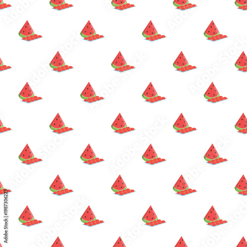 Watermelon pulp and seeds forming a repeating pattern on white background