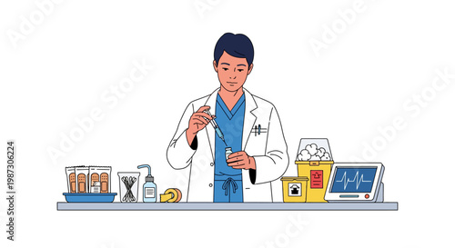 Scientist in a laboratory setting, holding a syringe with medical supplies around him, suggesting research and development