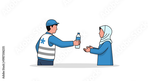 Illustration of a volunteer giving a bottle of water to a woman wearing a hijab
