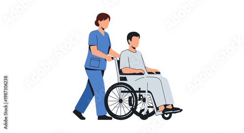 Dedicated healthcare professional provides essential assistance, gently pushing a patient in a wheelchair, symbolizing compassionate support and recovery in medical settings