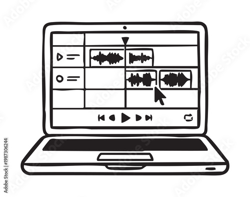 Laptop screen showing audio waveform editor with timeline panels cursor hovering over clip play controls visible minimalist sketch style monochrome line art focused creator workflow for podcast