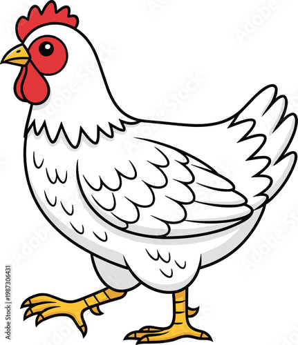 Cute Cartoon White Hen Chicken with Red Comb and Yellow Feet Standing Farm Poultry Animal Vector Illustration