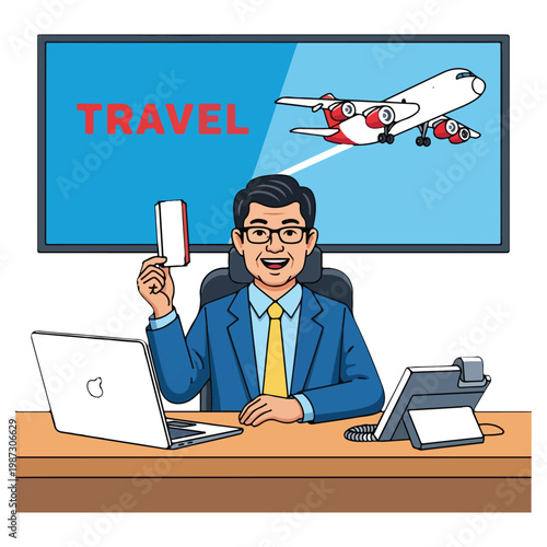 Cartoon illustration of a businessman working on a laptop at an office desk