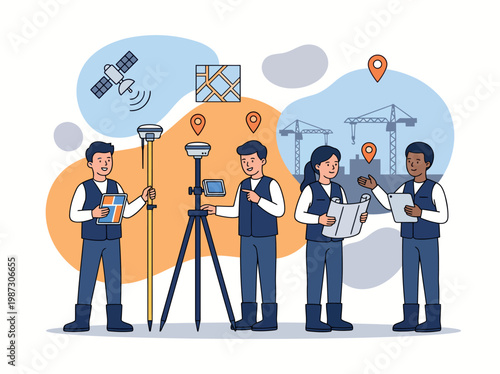 Professional Engineers And Surveyors Using Geodetic GPS And Satellite Technology For Construction Site Mapping Concept