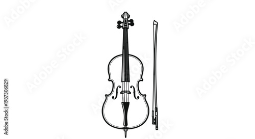 Detailed hand drawn illustration of a classical cello string instrument with its accompanying bow isolated on a white background.