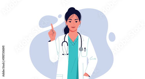 Confident female doctor wearing a white medical coat and stethoscope pointing her index finger up to give advice on a blue background.