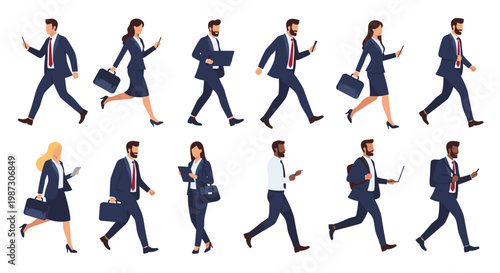 Diverse silhouettes of business professionals walking, running, and using mobile devices while commuting or going to work meetings.