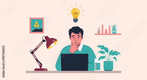Young man sitting at his desk with a laptop and a glowing light bulb overhead symbolizing a creative idea or a sudden epiphany.