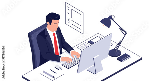 Focused businessman in a dark suit and red tie working diligently at his computer desk in a modern office environment.