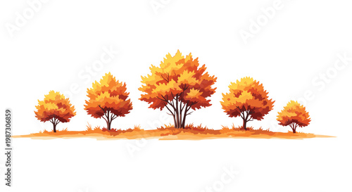Row of vibrant autumn trees with orange and yellow leaves standing on a grassy field depicted in a warm painterly illustration style.