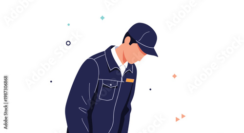 Male worker wearing a navy blue industrial uniform and cap looking down against a clean white background with geometric accents.