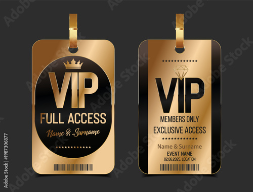 Luxury Gold VIP Access Pass. Elegant Exclusive VIP Access Event Pass Illustration, Premium VIP card with golden diamond. Luxury design 