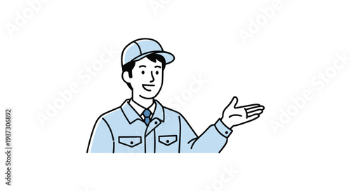 Friendly male worker in a light blue uniform and cap gesturing with his hand to the side against a white background.