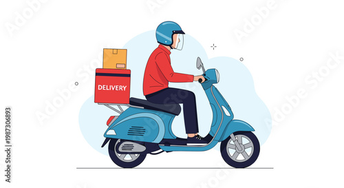 Efficient delivery courier wearing a helmet and face shield riding a blue scooter with packages in a red cargo box.