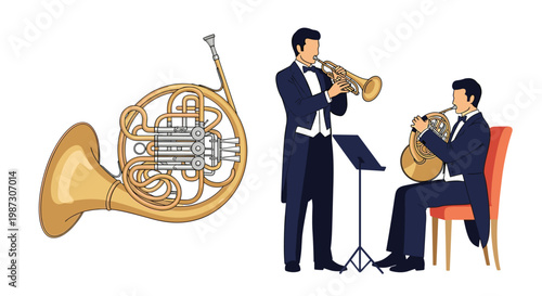 Classical musicians playing trumpet and french horn in formal attire next to a detailed illustration of a french horn.
