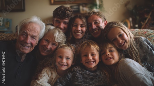 Group of family members smile and enjoy each other's company in a living room. There are young children and adults, showing happiness and closeness among generations.