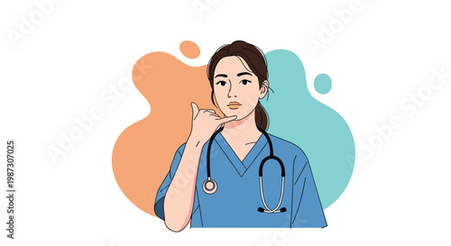 Young female nurse in blue scrubs with stethoscope making a call me hand gesture against an abstract colored background.