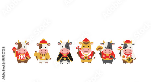 Line of cute cartoon cows dressed in traditional Japanese clothing and holding lucky items for new year celebration.