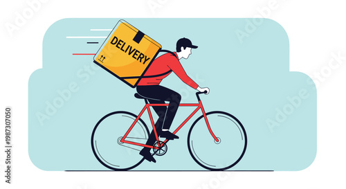 Delivery man riding a red bicycle with a large yellow box on his back against a blue abstract background for speed.