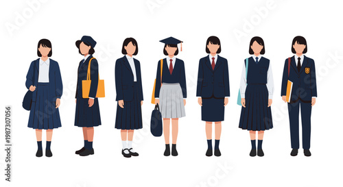Group of diverse female students wearing different styles of Japanese high school uniforms including sailor suits and blazers.
