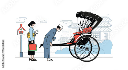 Traditional Japanese rickshaw with a puller bowing to a female passenger wearing a mask in an old town street setting.