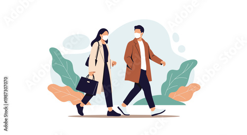 Man and woman in stylish coats and face masks walking together in a park area with abstract trees and leaves on white.