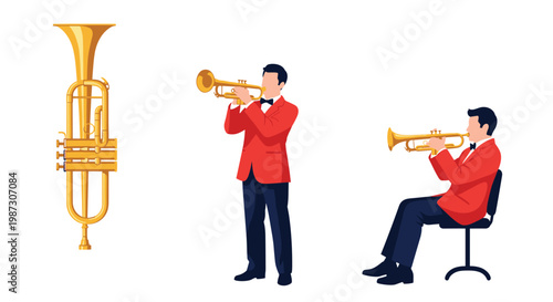Professional musicians in red jackets playing trumpets standing and sitting next to a detailed golden trumpet icon on white.