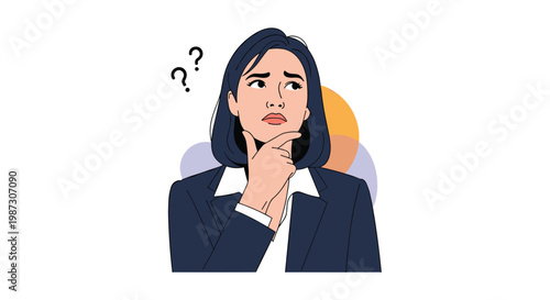Pensive businesswoman in a dark suit touching her chin while thinking with question marks and abstract shapes behind her.