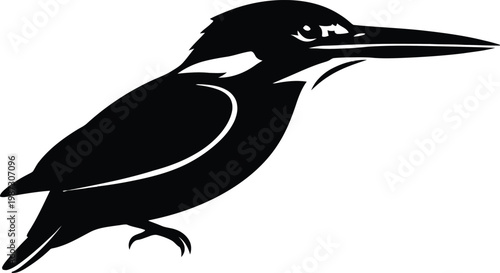 Black and white silhouette of a kingfisher bird perched.