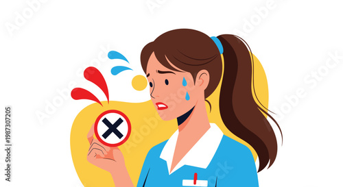 Anxious young woman in a blue uniform sweating and holding a red prohibited sign with a cross symbol on it.