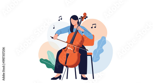 Professional female musician sitting on a chair and playing the cello with musical notes floating in the background.