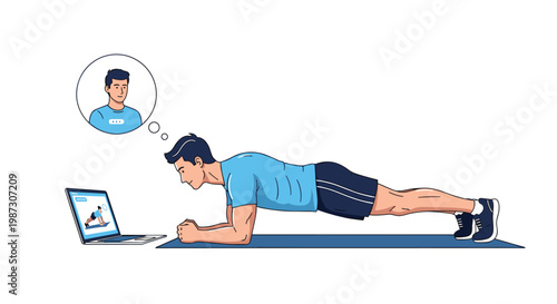 Man practicing an elbow plank exercise on a fitness mat while following an online workout lesson on his laptop at home.