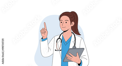 Female doctor wearing a white lab coat and holding a clipboard while pointing her finger up in a medical advice pose.