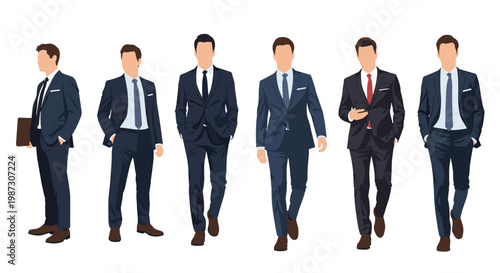 Set of six professional businessmen wearing dark blue suits and standing in various poses on a white background.