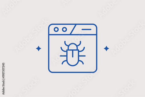 Web browser with bug line icon for software testing and website error debugging. Technical Vector Illustration for quality assurance reports and programmer troubleshooting guides.