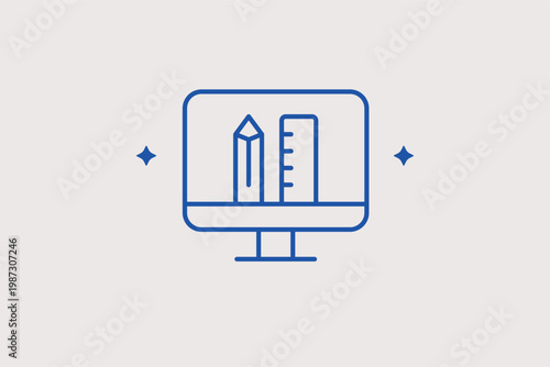 Monitor with ruler and pencil line icon for technical drafting and web layout planning. Accurate Vector Illustration for architectural design and precise digital prototyping.
