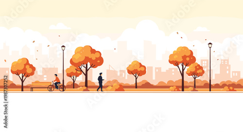 Beautiful autumn landscape of a city park with orange trees and people walking and cycling along a path.