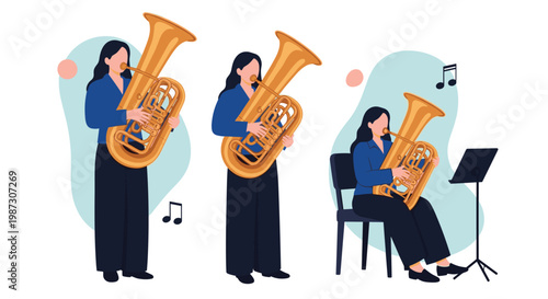Group of three female musicians playing tuba instruments in both standing and sitting positions for a performance.