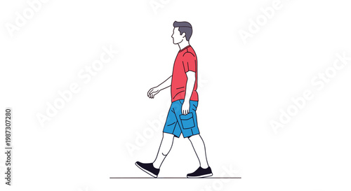 Simple profile illustration of a man in a red tshirt and blue shorts walking briskly against a white background.