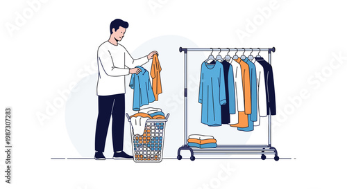 Man doing household chores by organizing clothes into a laundry basket and hanging them on a garment rack.