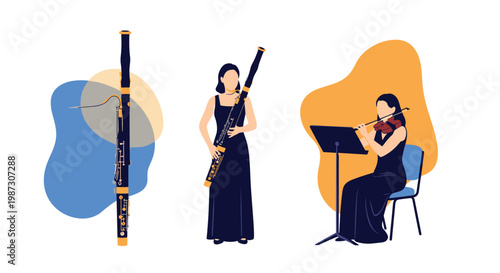 Pair of female musicians playing the bassoon and violin with abstract colorful shapes in the background.