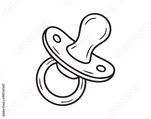 Handcrafted silicone baby comfort icon. Minimalist pediatric soothing device line illustration. Simple handdrawn illustration of silicone pacifier for newborn comfort and nursery decoration