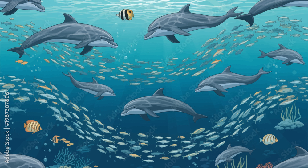 Fototapeta premium Dynamic Ocean Pattern Majestic Dolphins Gracefully Navigating Vibrant Schools of Fish Amidst an Intricate Coral Reef Ecosystem