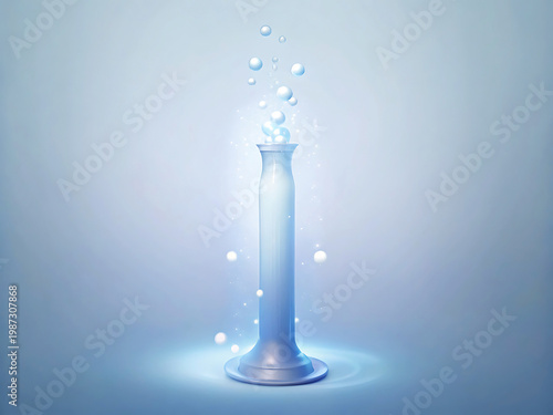Glowing glass cylinder with rising bubbles and light particles on blue background tube vector illustration