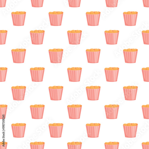 Many chicken nuggets in pink striped buckets creating a repeating pattern